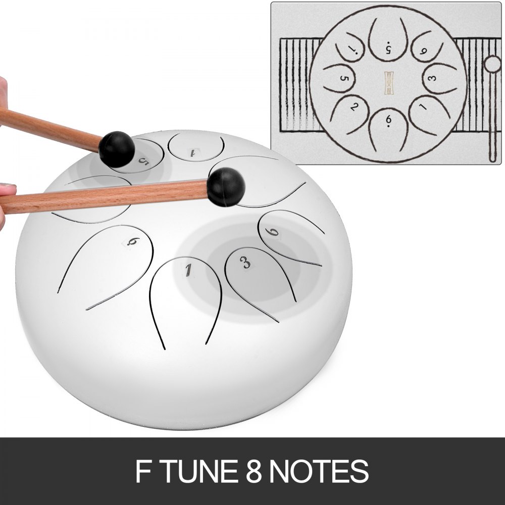 VEVOR Steel Tongue Drum 8 Notes 8 inches Mini Tongue Drum White Handpan Drum Notes Percussion Instrument Steel Drums Instruments with Bag, Music Book, Mallets, Mallet Bracket