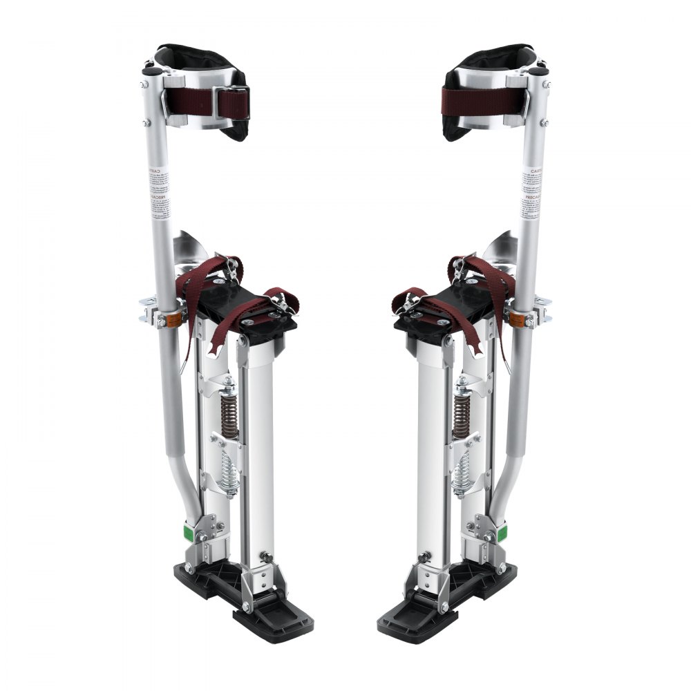 pair of VEVOR drywall stilts with adjustable aluminum legs and maroon straps.
