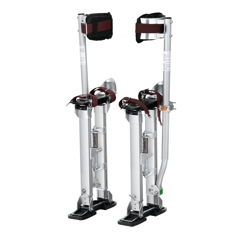 VEVOR drywall stilts with adjustable straps and spring support, silver frame, and padded calf braces.