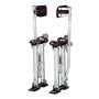 VEVOR drywall stilts with adjustable straps and spring support, silver frame, and padded calf braces.