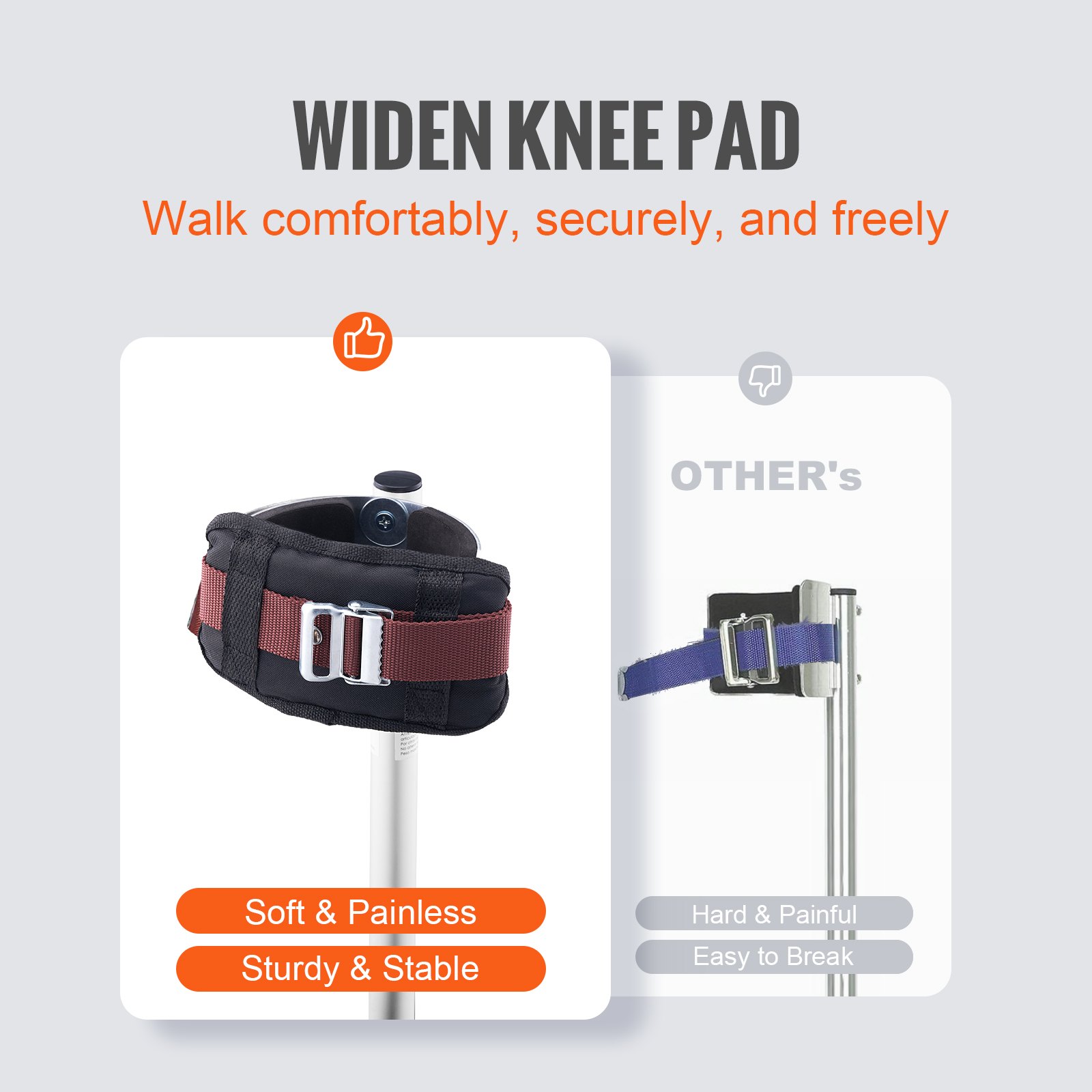 widen knee pad comparison, showing VEVOR drywall stilts with soft, sturdy design vs competitor&#039;s model.