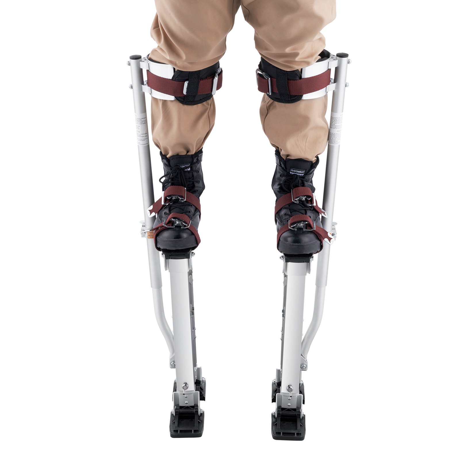 person wearing VEVOR drywall stilts with adjustable straps and support bars, standing upright.