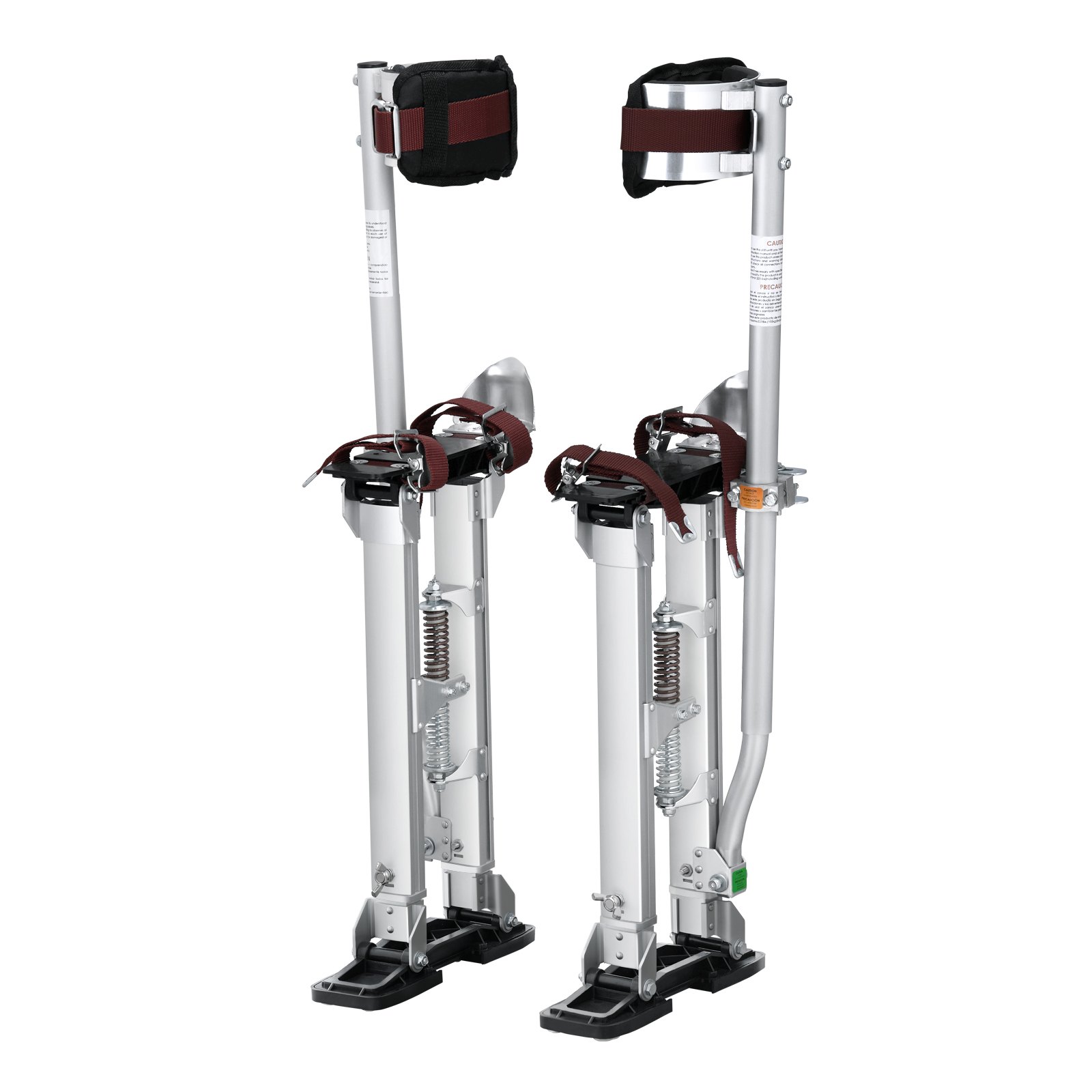 adjustable VEVOR drywall stilts with dual springs, foot straps, and cushioned calf pads.