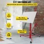 VEVOR drywall lift in red, holding plasterboard in a workshop, labeled &quot;stable&quot; and &quot;secure&quot;, 150 lbs capacity