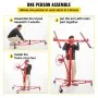 VEVOR drywall lift assembly steps: base with wheels, install frame structure, attach arm to main part.