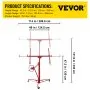 VEVOR drywall lift product specifications with height, length, and weight details on a yellow background.