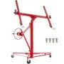 red VEVOR drywall lift with a wheel crank, pivoting arms, and caster wheels, featuring attachments.