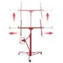 red VEVOR drywall lift with adjustable arms and lifting mechanism, highlighting movement directions.
