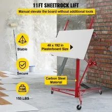 VEVOR Drywall Rolling Lifter Panel, 11ft Sheetrock Lift Drywall Lift, 150lb Weight Capacity Panel Hoist Jack Tool, Steel Material w/Telescopic Arm & 3 Lockable Wheels, 48x192 in Plasterboard Size