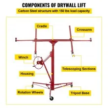 VEVOR Drywall Rolling Lifter Panel, 11ft Sheetrock Lift Drywall Lift, 150lb Weight Capacity Panel Hoist Jack Tool, Steel Material w/Telescopic Arm & 3 Lockable Wheels, 48x192 in Plasterboard Size