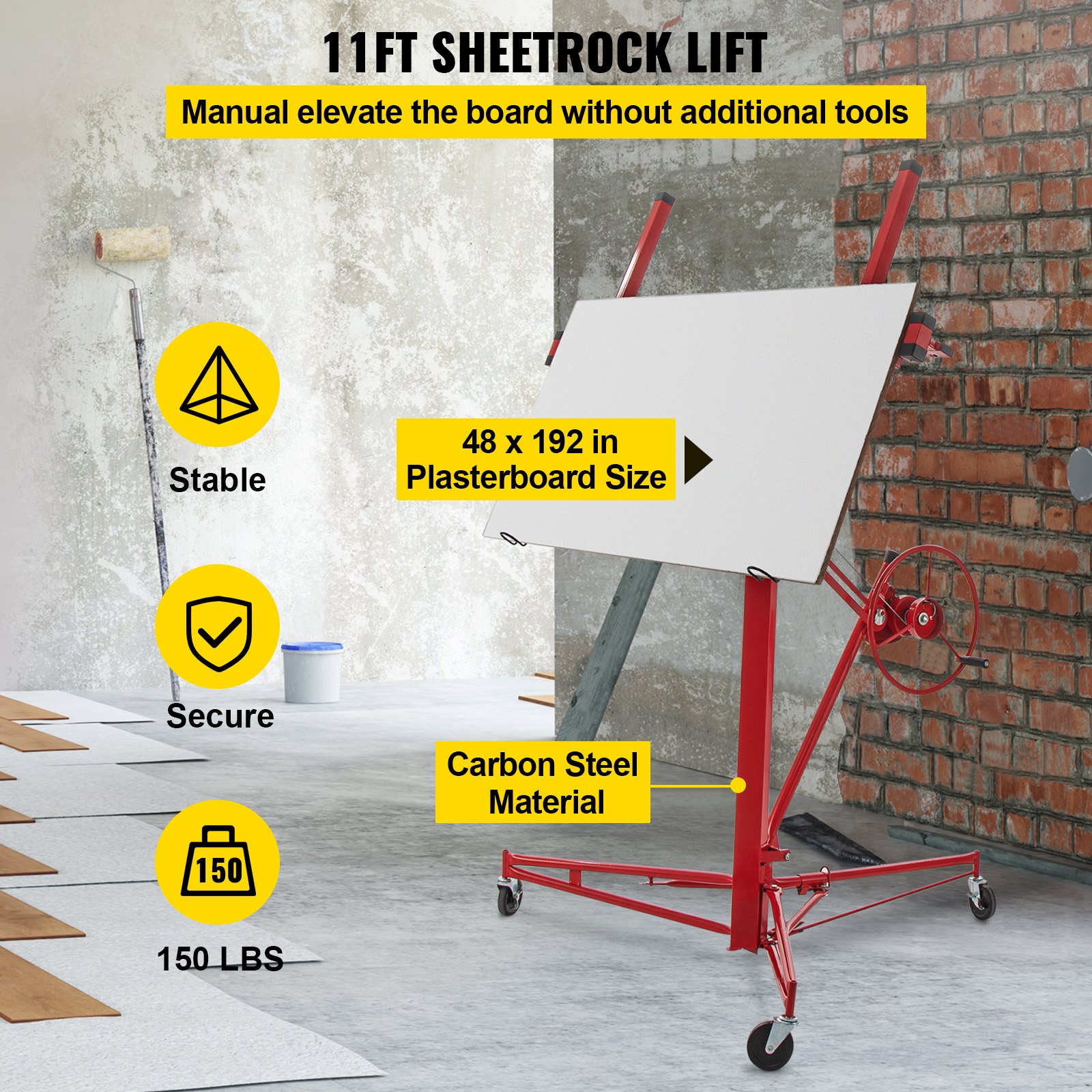 VEVOR drywall lift in red, holding plasterboard in a workshop, labeled &quot;stable&quot; and &quot;secure&quot;, 150 lbs capacity