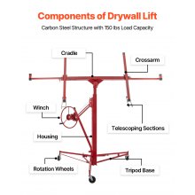 VEVOR Drywall Rolling Lifter Panel, 16ft Sheetrock Lift Drywall Lift, 150lb Weight Capacity Panel Hoist Jack Tool, Steel Material w/Telescopic Arm & 3 Lockable Wheels, 48x192 in Plasterboard Size