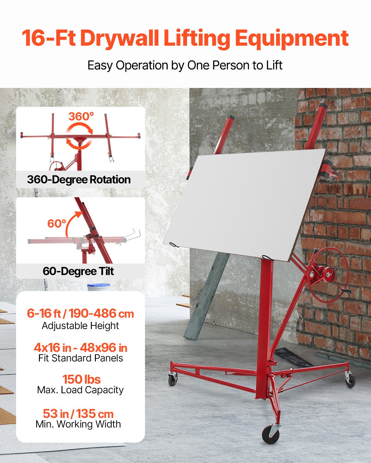 VEVOR Drywall Rolling Lifter Panel, 16ft Sheetrock Lift Drywall Lift, 150lb Weight Capacity Panel Hoist Jack Tool, Steel Material with Telescopic Arm & 3 Lockable Wheels, 48x192 in Plasterboard Size
