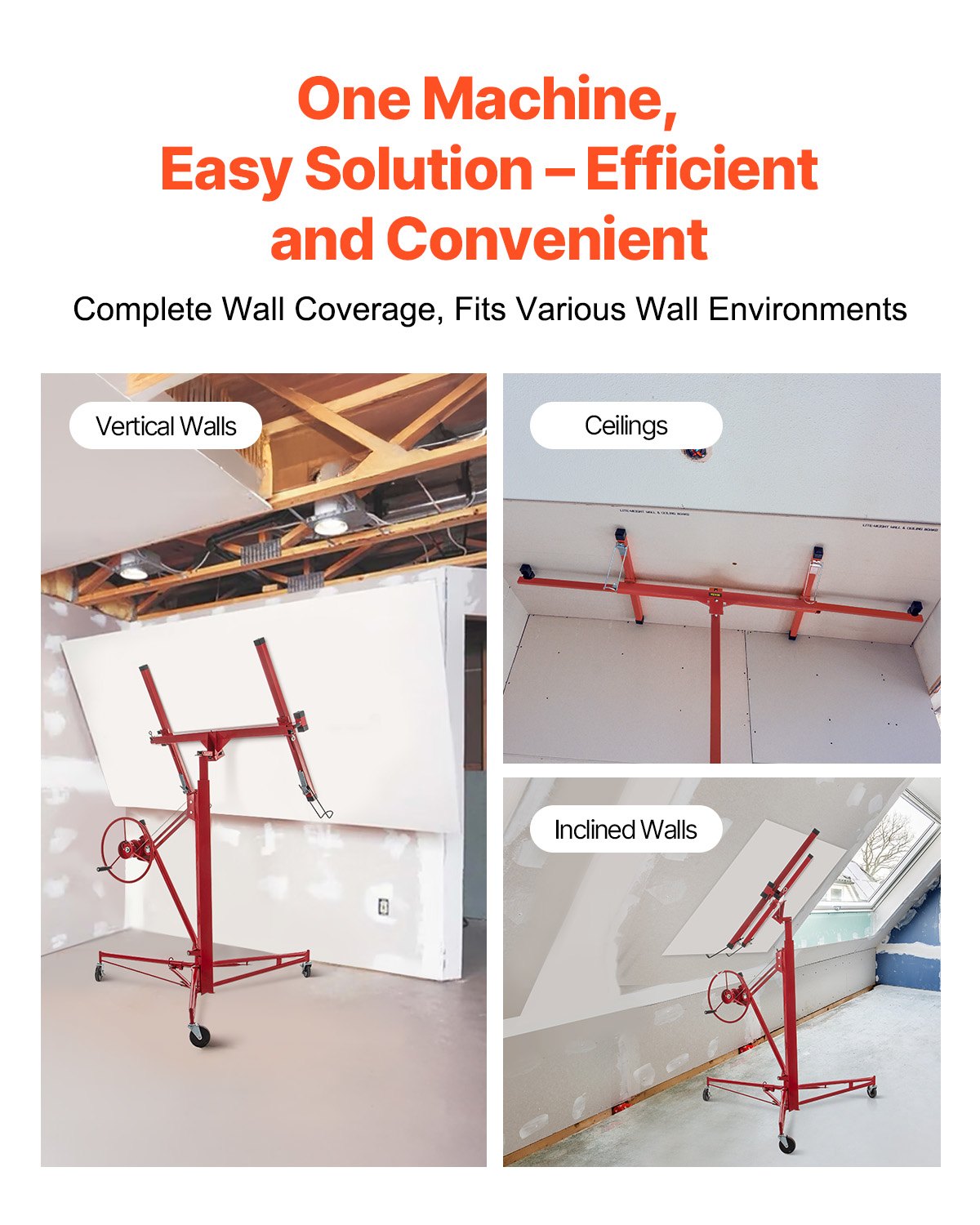 VEVOR Drywall Rolling Lifter Panel, 16ft Sheetrock Lift Drywall Lift, 150lb Weight Capacity Panel Hoist Jack Tool, Steel Material with Telescopic Arm & 3 Lockable Wheels, 48x192 in Plasterboard Size