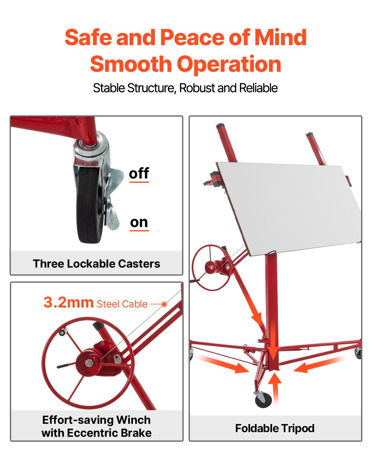 VEVOR Drywall Rolling Lifter Panel, 16ft Sheetrock Lift Drywall Lift, 150lb Weight Capacity Panel Hoist Jack Tool, Steel Material with Telescopic Arm & 3 Lockable Wheels, 48x192 in Plasterboard Size