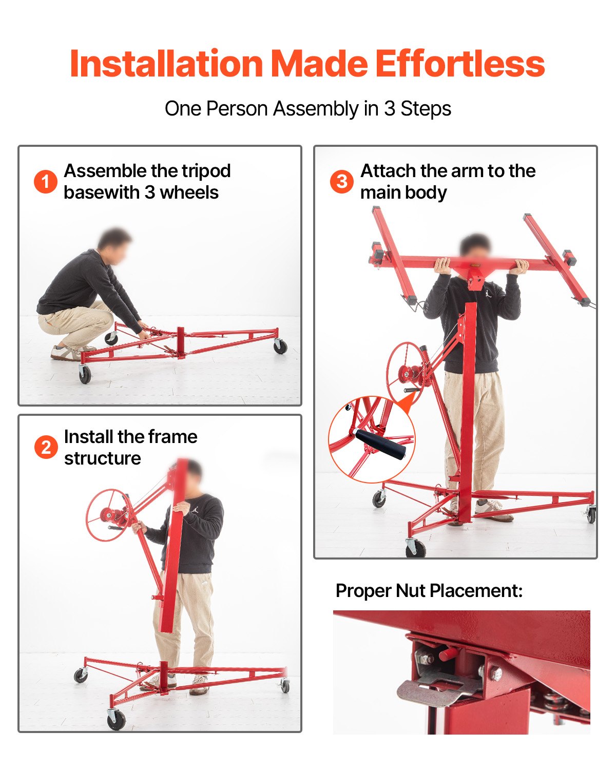 VEVOR Drywall Rolling Lifter Panel, 16ft Sheetrock Lift Drywall Lift, 150lb Weight Capacity Panel Hoist Jack Tool, Steel Material with Telescopic Arm & 3 Lockable Wheels, 48x192 in Plasterboard Size