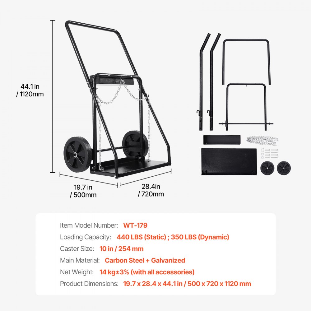 VEVOR Dual Welding Cylinder Cart, Oxygen Acetylene Tank Cart with 440LBS Static Weight Capacity, 10-Inch Solid Wheels and Tank Storage Safety Chains, Suitable for Double 12.5-Inch Dia. Gas Cylinders