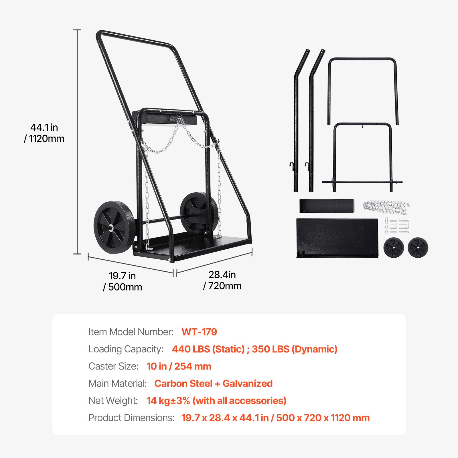 VEVOR Dual Welding Cylinder Cart, Oxygen Acetylene Tank Cart with 440LBS Static Weight Capacity, 10-Inch Solid Wheels and Tank Storage Safety Chains, Suitable for Double 12.5-Inch Dia. Gas Cylinders
