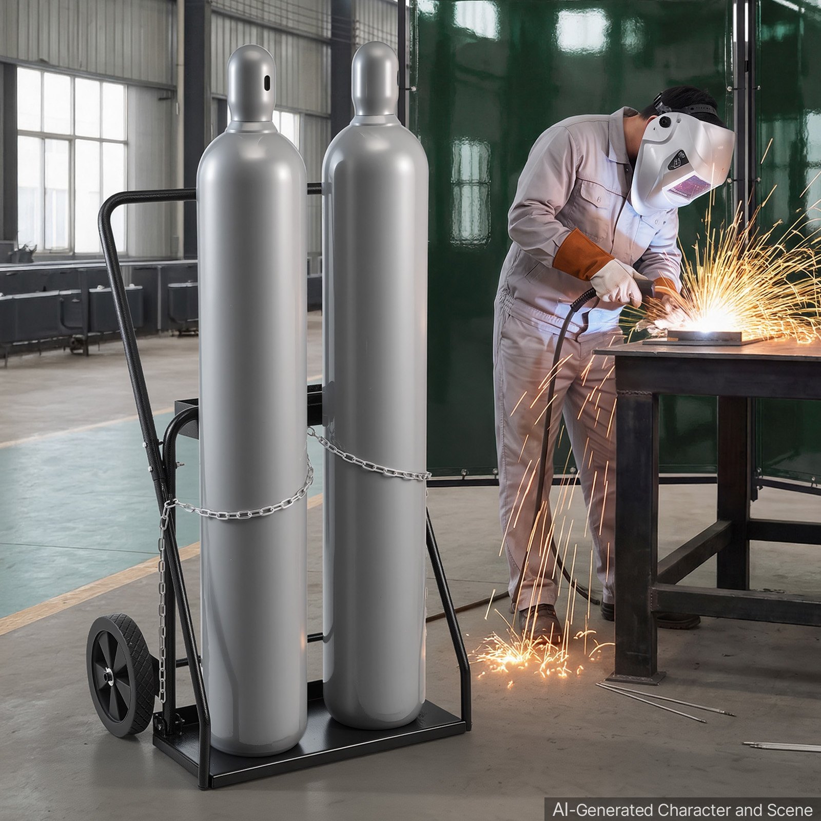 VEVOR Dual Welding Cylinder Cart, Oxygen Acetylene Tank Cart with 440LBS Static Weight Capacity, 10-Inch Solid Wheels and Tank Storage Safety Chains, Suitable for Double 12.5-Inch Dia. Gas Cylinders