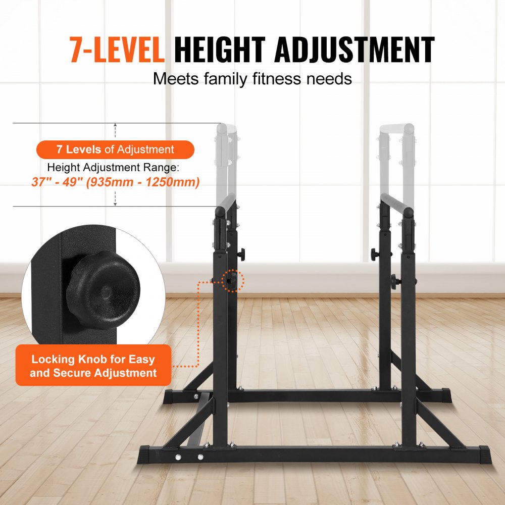 VEVOR dip bar with 7-level height adjustment from 37&quot; to 49&quot;, featuring a locking knob for secure fit.