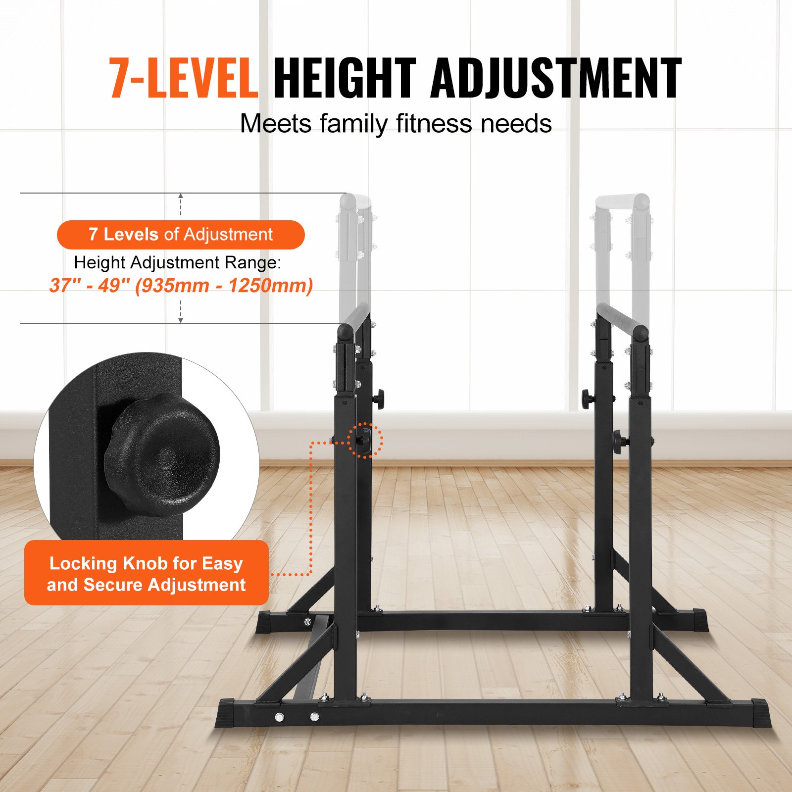VEVOR dip bar with 7-level height adjustment from 37&quot; to 49&quot;, featuring a locking knob for secure fit.