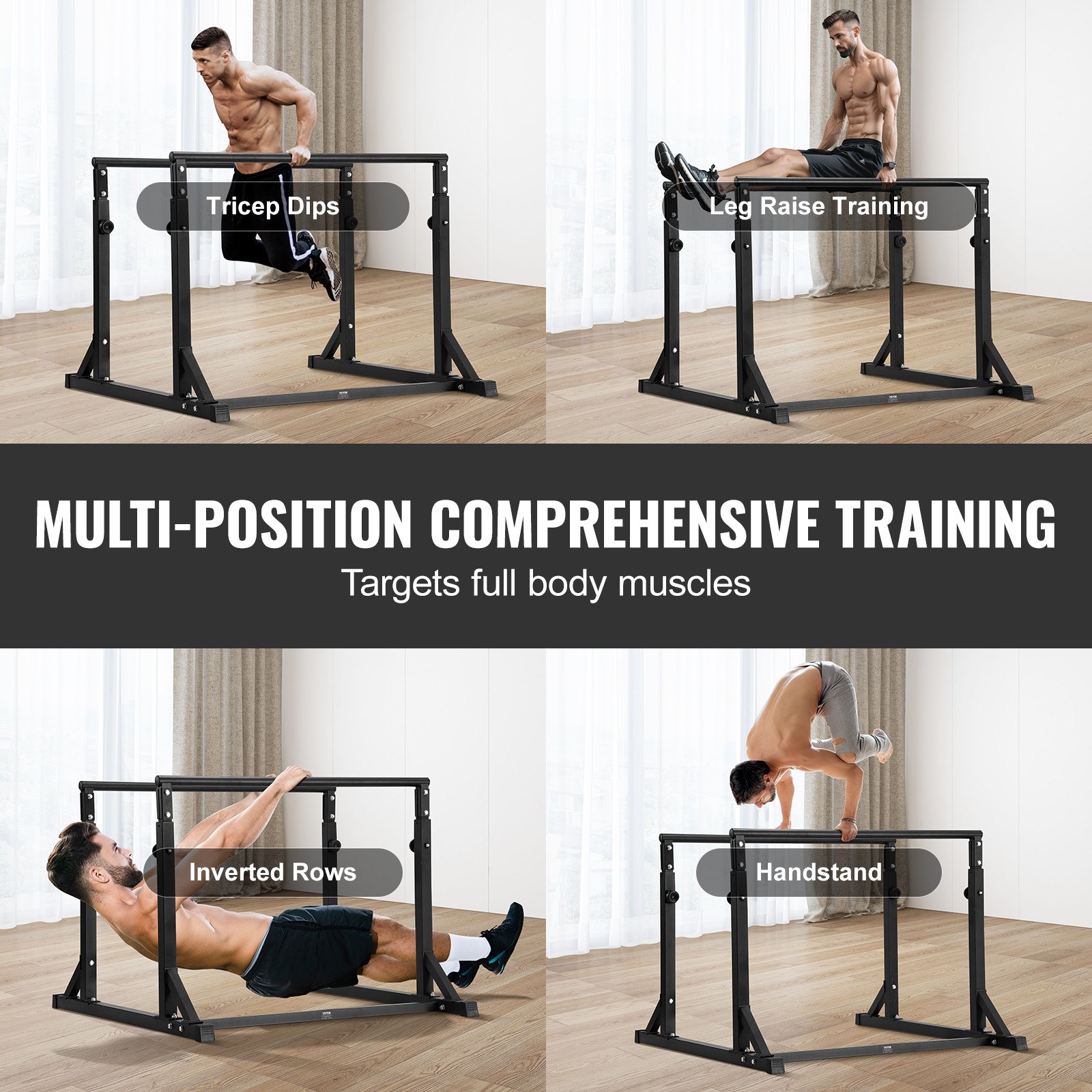 VEVOR dip bar: multi-position training for tricep dips, leg raises, inverted rows, and handstands.