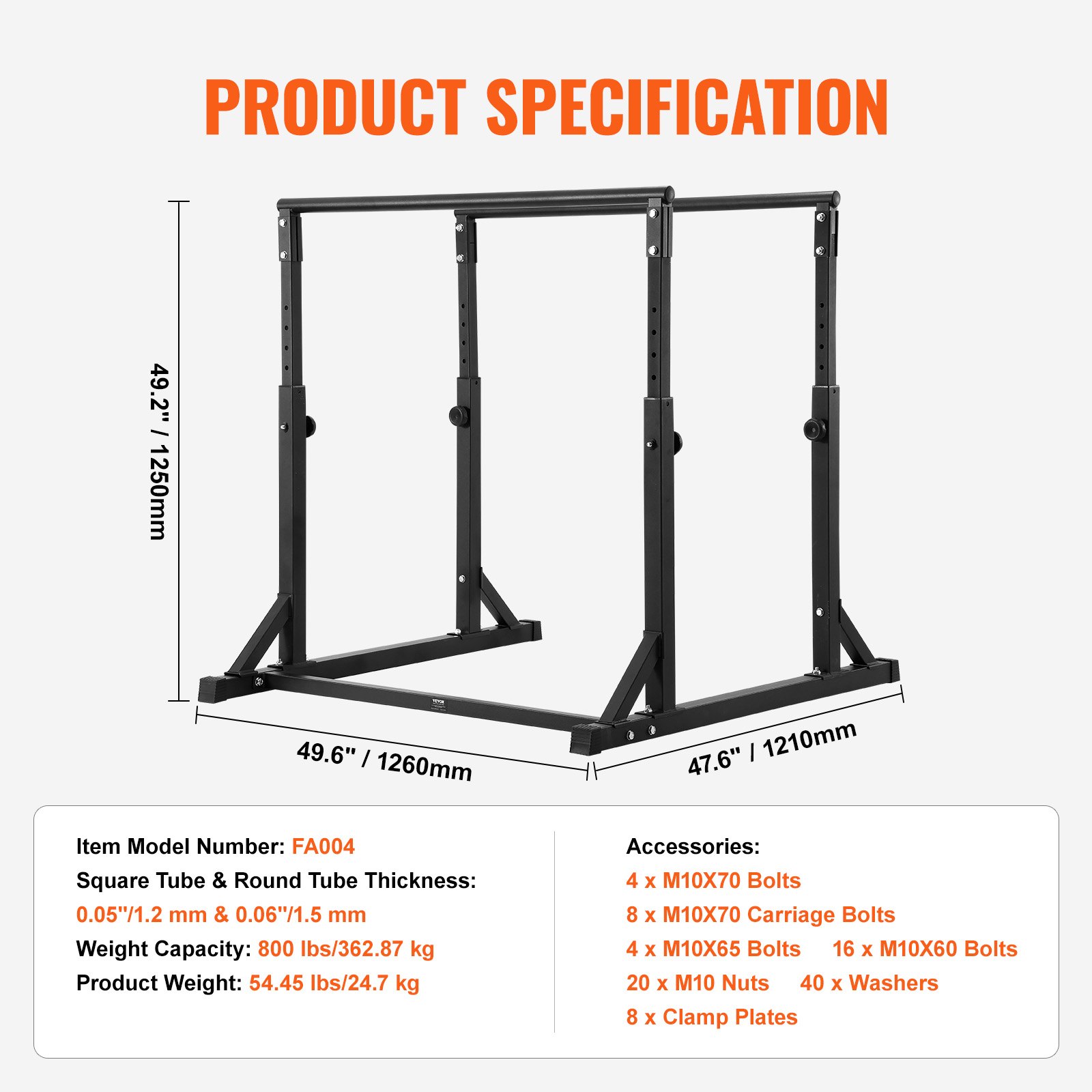 VEVOR dip bar with 800 lbs weight capacity, dimensions: 49.2&quot; x 49.6&quot; x 47.6&quot;. model: fa004.