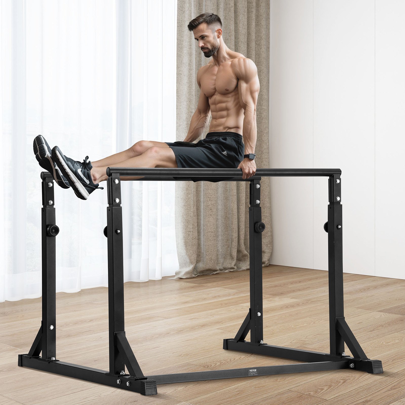 man performing an l-sit using a VEVOR dip bar in a bright, minimalistic home gym.