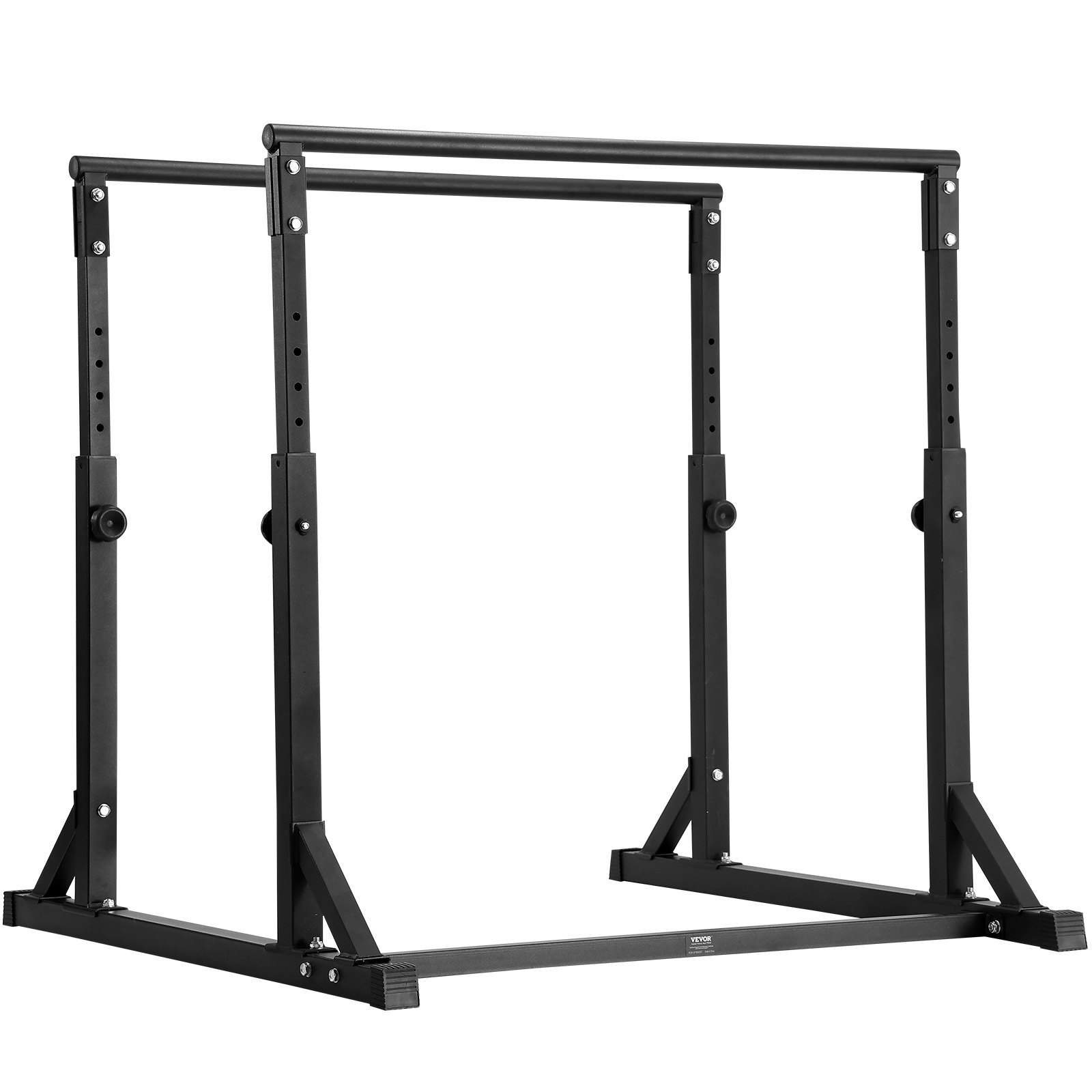 adjustable black VEVOR dip bar for fitness and strength training with sturdy construction and rubber feet.