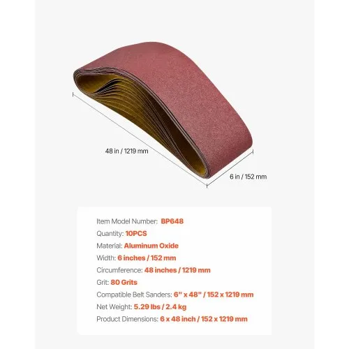 Lot De 6 Courroies Abrasives 6x48 Pouces - Grains 60 à 400 - Pour Ponceuse à Bande