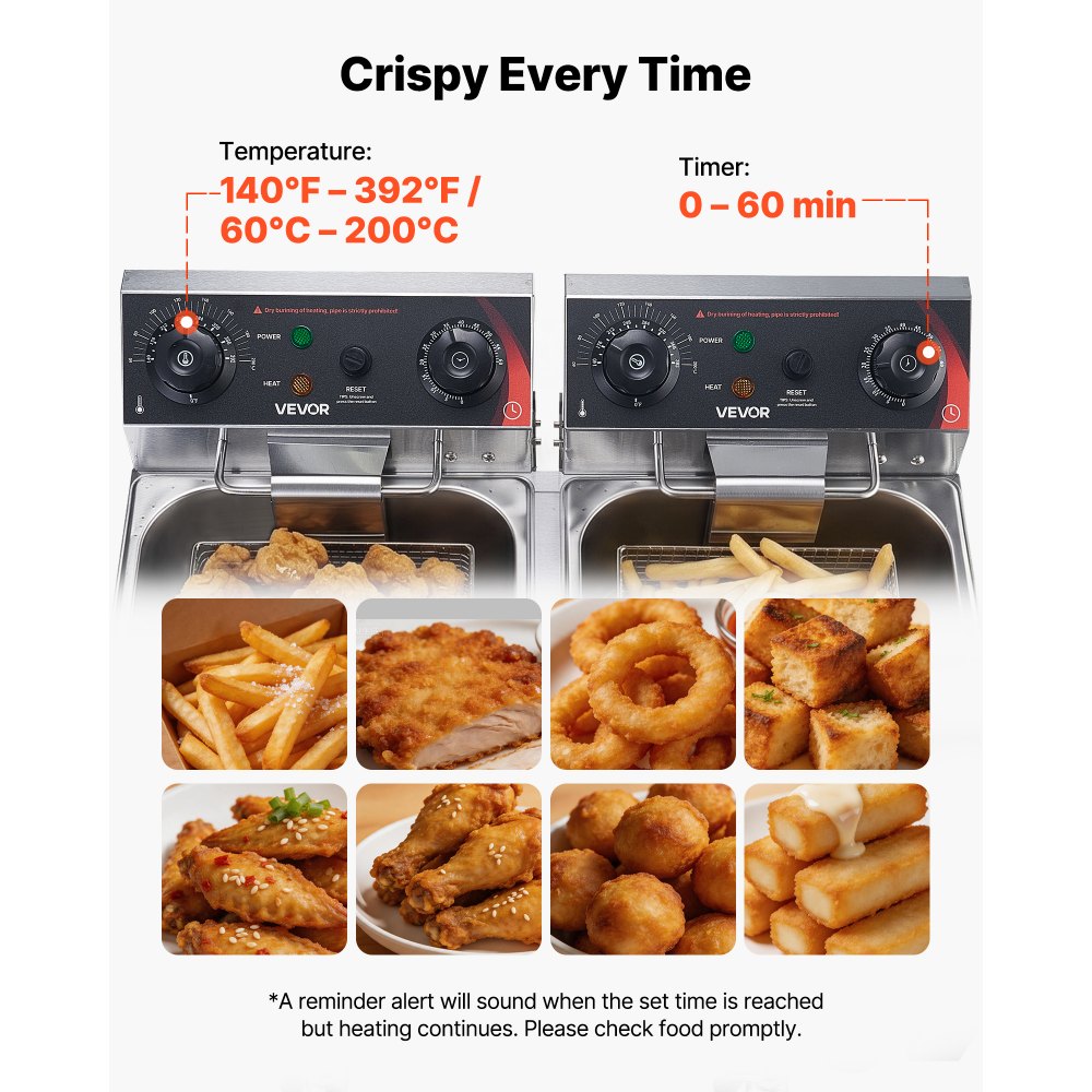 VEVOR Commercial Electric Deep Fryer, Upgrade Dual Tank 14 L Oil Capacity, 5000W Stainless Steel Countertop Fryer with Baskets & Lids, Temp Control, Timer, Overheat Protection, for Restaurant, Silver