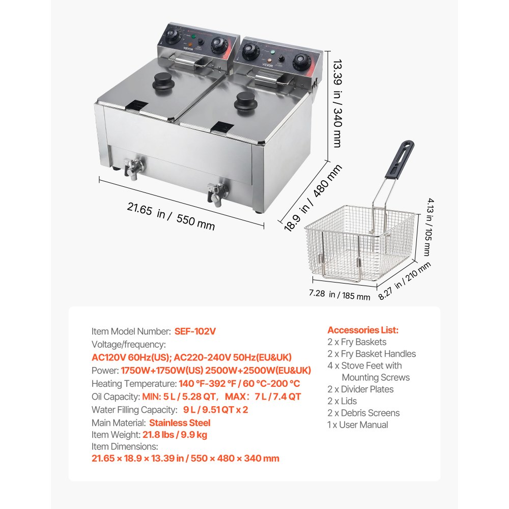VEVOR Commercial Electric Deep Fryer, Upgrade Dual Tank 14 L Oil Capacity, 5000W Stainless Steel Countertop Fryer with Baskets & Lids, Temp Control, Timer, Overheat Protection, for Restaurant, Silver