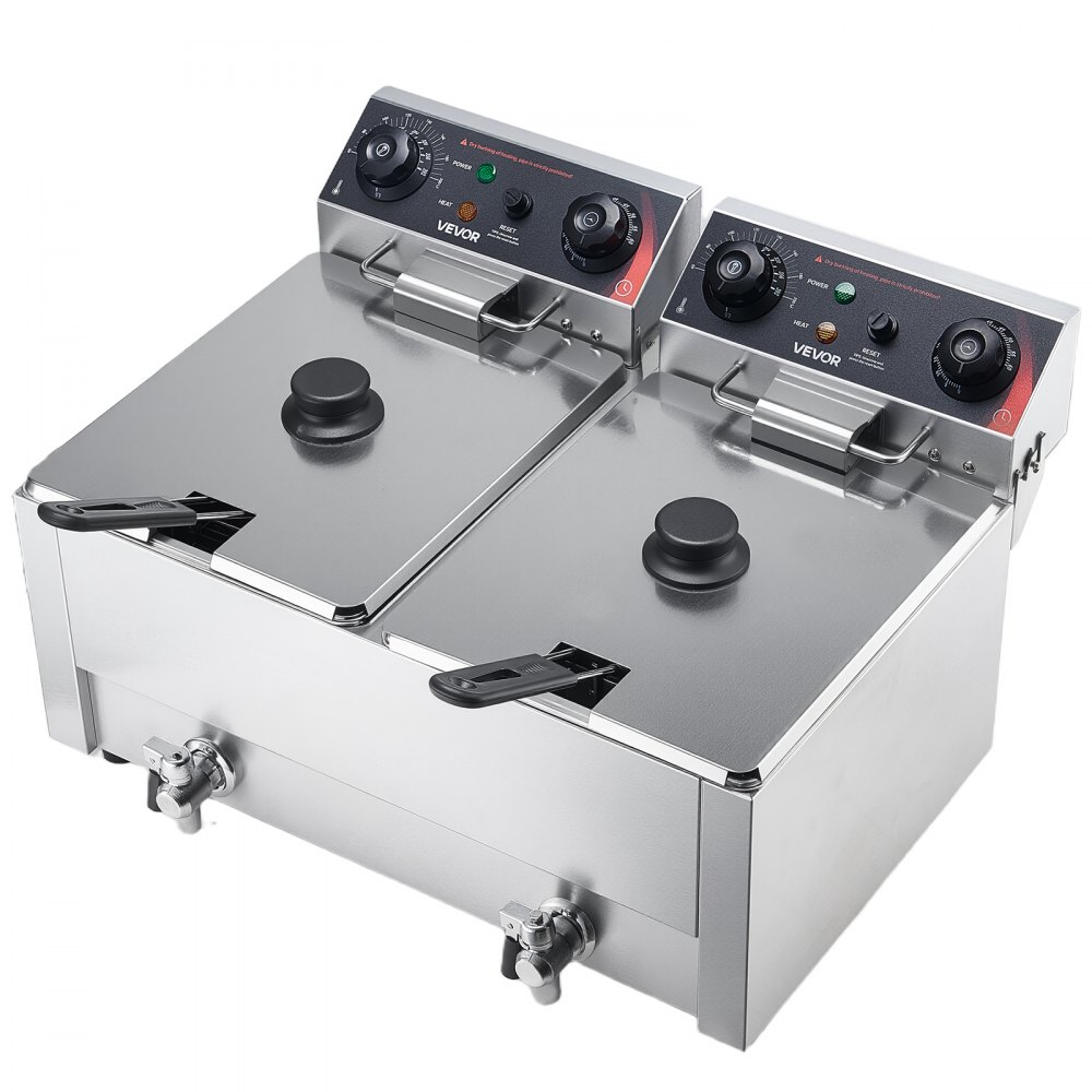 VEVOR Commercial Electric Deep Fryer, Upgrade Dual Tank 14 L Oil Capacity, 5000W Stainless Steel Countertop Fryer with Baskets & Lids, Temp Control, Timer, Overheat Protection, for Restaurant, Silver