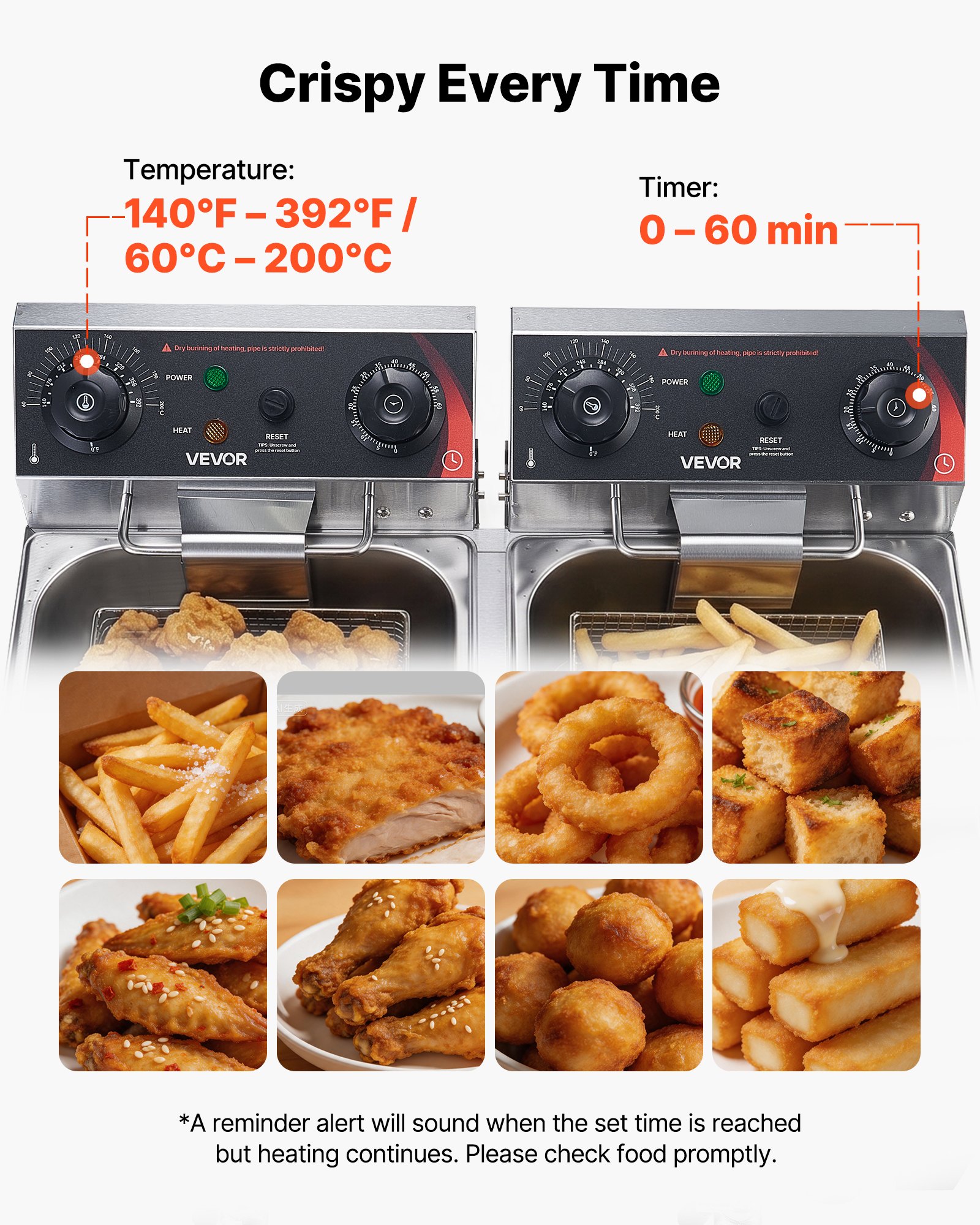 VEVOR Commercial Electric Deep Fryer, Upgrade Dual Tank 14 L Oil Capacity, 5000W Stainless Steel Countertop Fryer with Baskets & Lids, Temp Control, Timer, Overheat Protection, for Restaurant, Silver