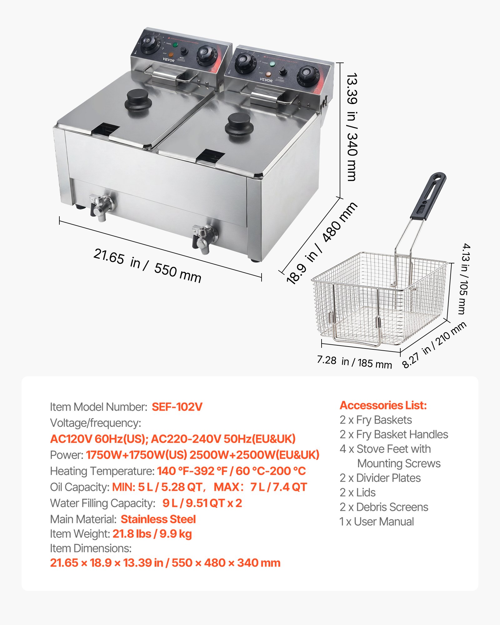 VEVOR Commercial Electric Deep Fryer, Upgrade Dual Tank 14 L Oil Capacity, 5000W Stainless Steel Countertop Fryer with Baskets & Lids, Temp Control, Timer, Overheat Protection, for Restaurant, Silver
