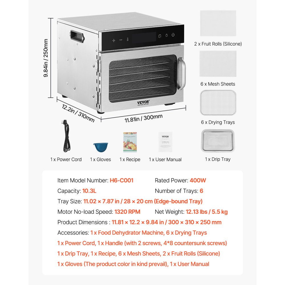 VEVOR Food Dehydrator Machine, 6 Stainless Steel Trays, 400W Electric Food Dryer with Adjustable Temperature & 24-Hour Timer, Freeze Dryer for Jerky, Meat, Fruit, Vegetables, Herbs, Dog Treats