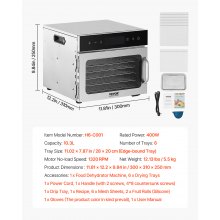 VEVOR 6 Trays Food Dehydrator Machine Stainless Steel 400W Jerky Fruit Drying