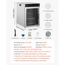 VEVOR 12 Trays Rotary Food Dehydrator Machine Stainless Steel 800W Fruit Drying