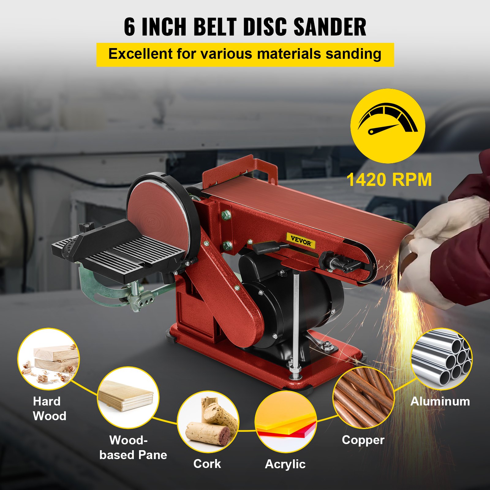 VEVOR Belt Disc Sander 4x36inch and 6inch Disc, Benchtop Disc Sander 375W,Disc Combo Sander with Built-In Dust Collection,Bench Sander for Woodworking