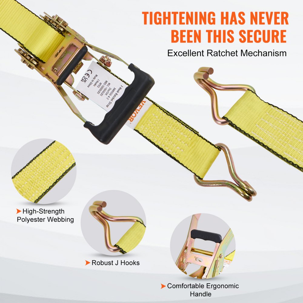 VEVOR Ratchet Tie Down Straps (4PK), 5000 lb Break Strength, Double J Hook Includes 4 Premium 50.8 mm x 4.6 m Rachet Tie Downs with Padded Handles, for Moving Securing Cargo, Appliances, Lawn Equipment