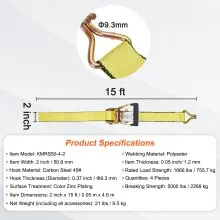 VEVOR Ratchet Tie Down Straps (4PK), 5000 lb Break Strength, Double J Hook Includes 4 Premium 2" x 15' Rachet Tie Downs with Padded Handles, for Moving Securing Cargo, Appliances, Lawn Equipment