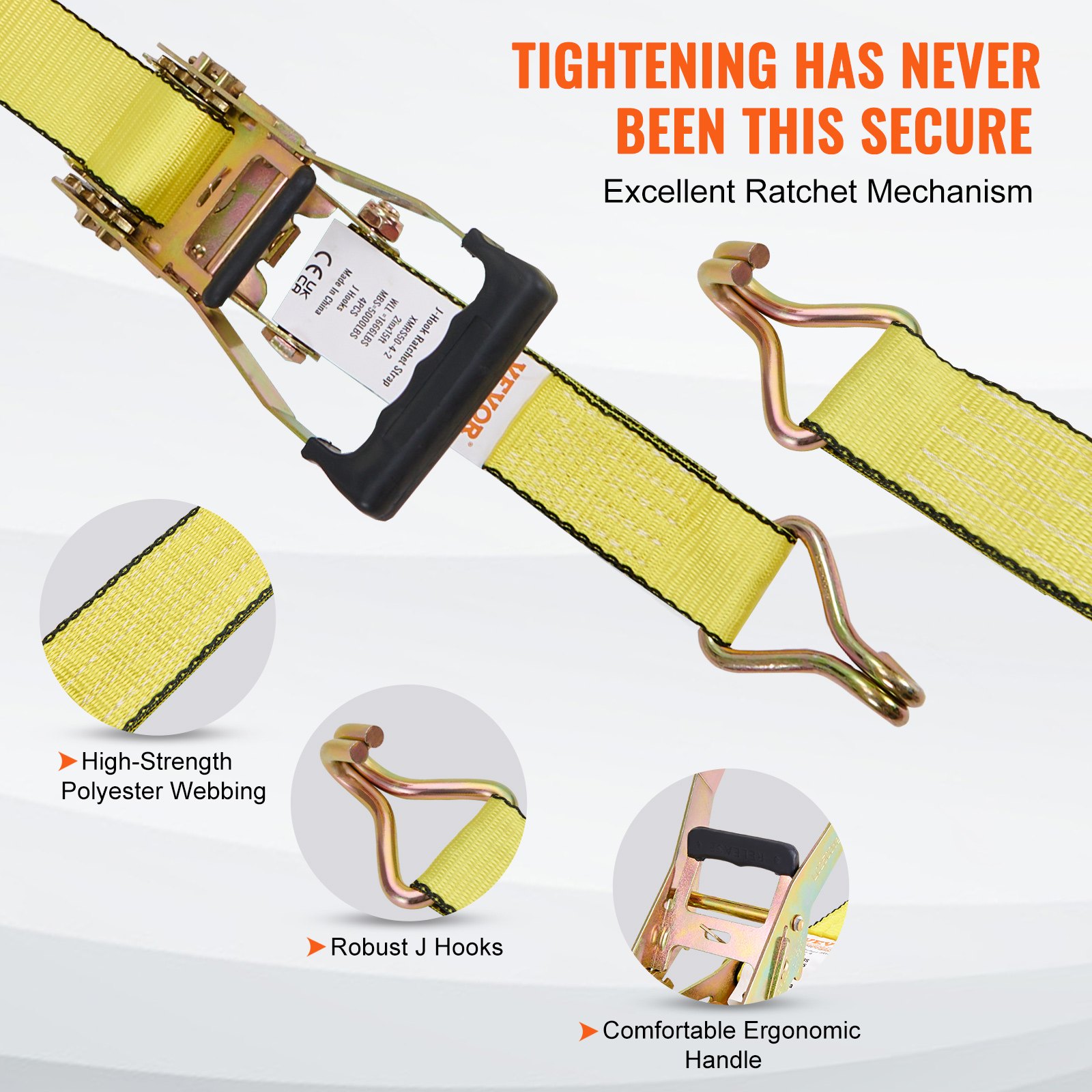 VEVOR Ratchet Tie Down Straps (4PK), 5000 lb Break Strength, Double J Hook Includes 4 Premium 50.8 mm x 4.6 m Rachet Tie Downs with Padded Handles, for Moving Securing Cargo, Appliances, Lawn Equipment