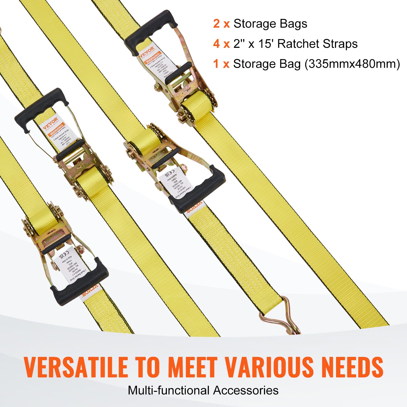 VEVOR Ratchet Tie Down Straps (4PK), 5000 lb Break Strength, Double J Hook Includes 4 Premium 50.8 mm x 4.6 m Rachet Tie Downs with Padded Handles, for Moving Securing Cargo, Appliances, Lawn Equipment