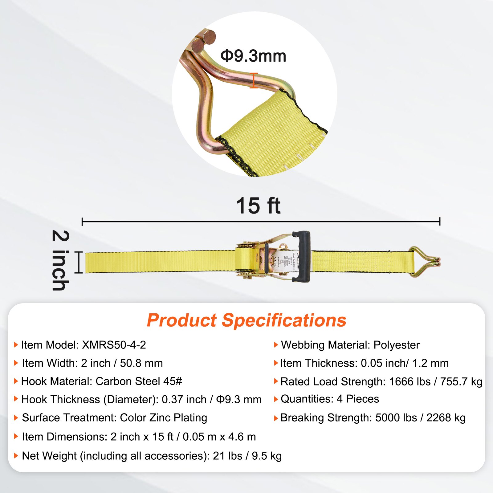 VEVOR Ratchet Tie Down Straps (4PK), 5000 lb Break Strength, Double J Hook Includes 4 Premium 50.8 mm x 4.6 m Rachet Tie Downs with Padded Handles, for Moving Securing Cargo, Appliances, Lawn Equipment