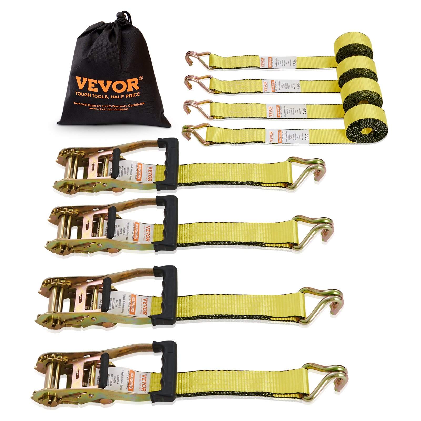 VEVOR Ratchet Tie Down Straps (4PK), 5000 lb Break Strength, Double J Hook Includes 4 Premium 50.8 mm x 4.6 m Rachet Tie Downs with Padded Handles, for Moving Securing Cargo, Appliances, Lawn Equipment