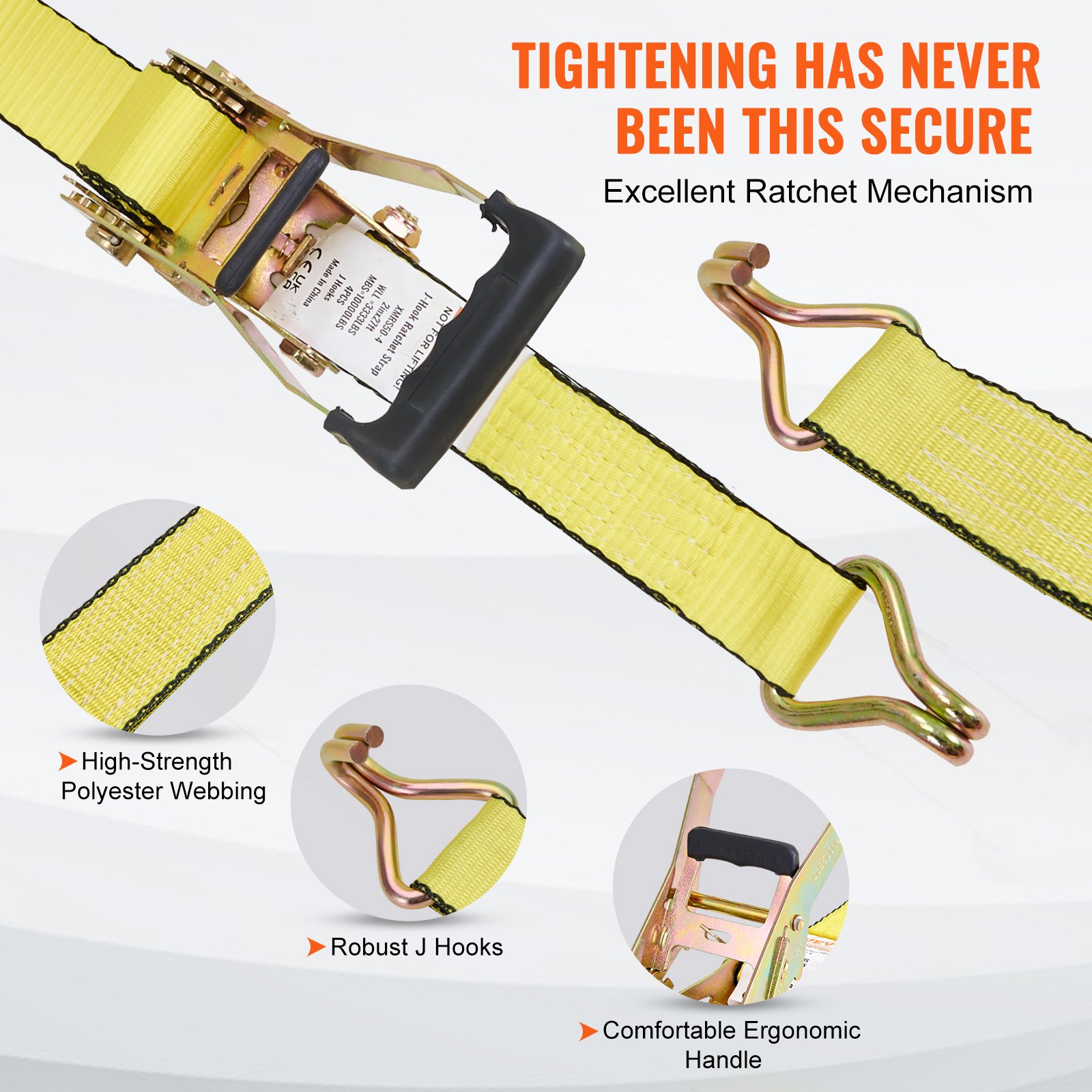 VEVOR Ratchet Tie Down Straps (4PK), 10000 lb Break Strength, Double J Hook Includes 4 Premium 50.8 mm x 8 m Rachet Tie Downs with Padded Handles, for Moving Securing Cargo, Appliances, Lawn Equipment