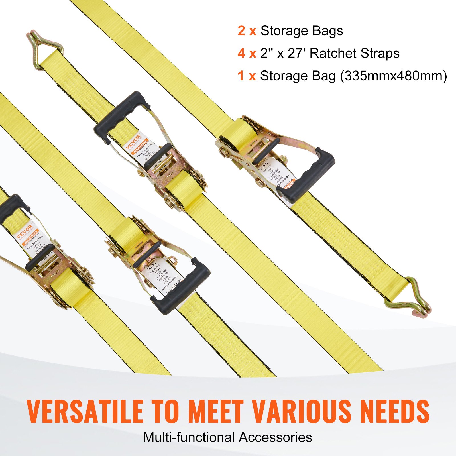 VEVOR Ratchet Tie Down Straps (4PK), 10000 lb Break Strength, Double J Hook Includes 4 Premium 50.8 mm x 8 m Rachet Tie Downs with Padded Handles, for Moving Securing Cargo, Appliances, Lawn Equipment