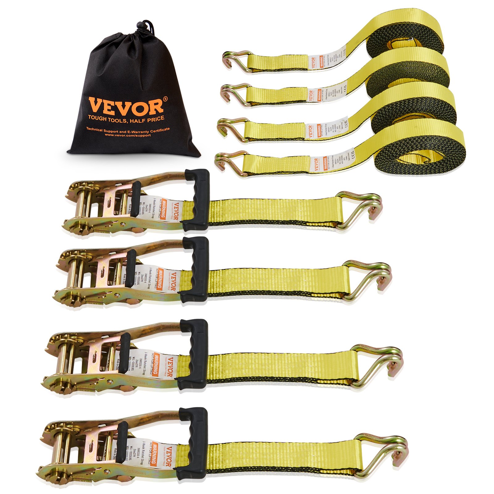 VEVOR Ratchet Tie Down Straps (4PK), 10000 lb Break Strength, Double J Hook Includes 4 Premium 50.8 mm x 8 m Rachet Tie Downs with Padded Handles, for Moving Securing Cargo, Appliances, Lawn Equipment