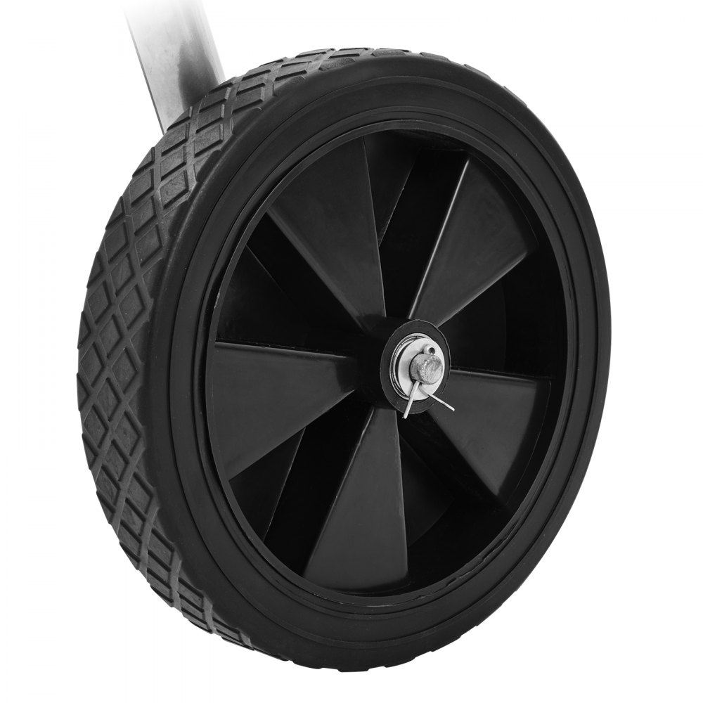 black wheel of the VEVOR hose reel cart with textured tread and secure mounting pin.
