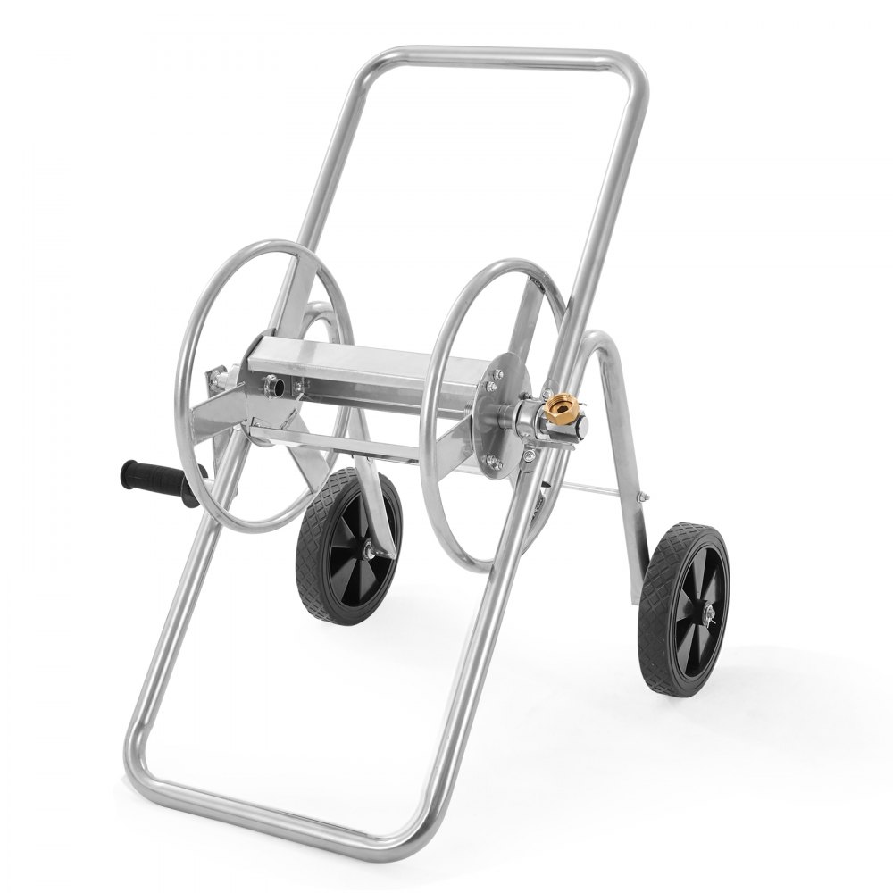 VEVOR hose reel cart with durable steel frame, large wheels, hose connector, and ergonomic handle.